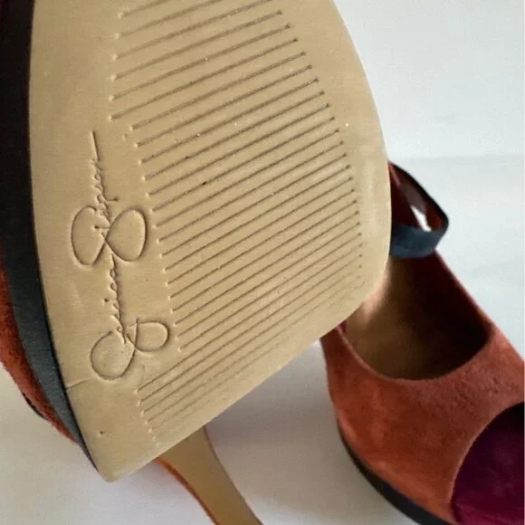 Women’s Suede Peep Toe Heels Size 8.5 M Orange Black Pink Color block Formal - Picture 11 of 14